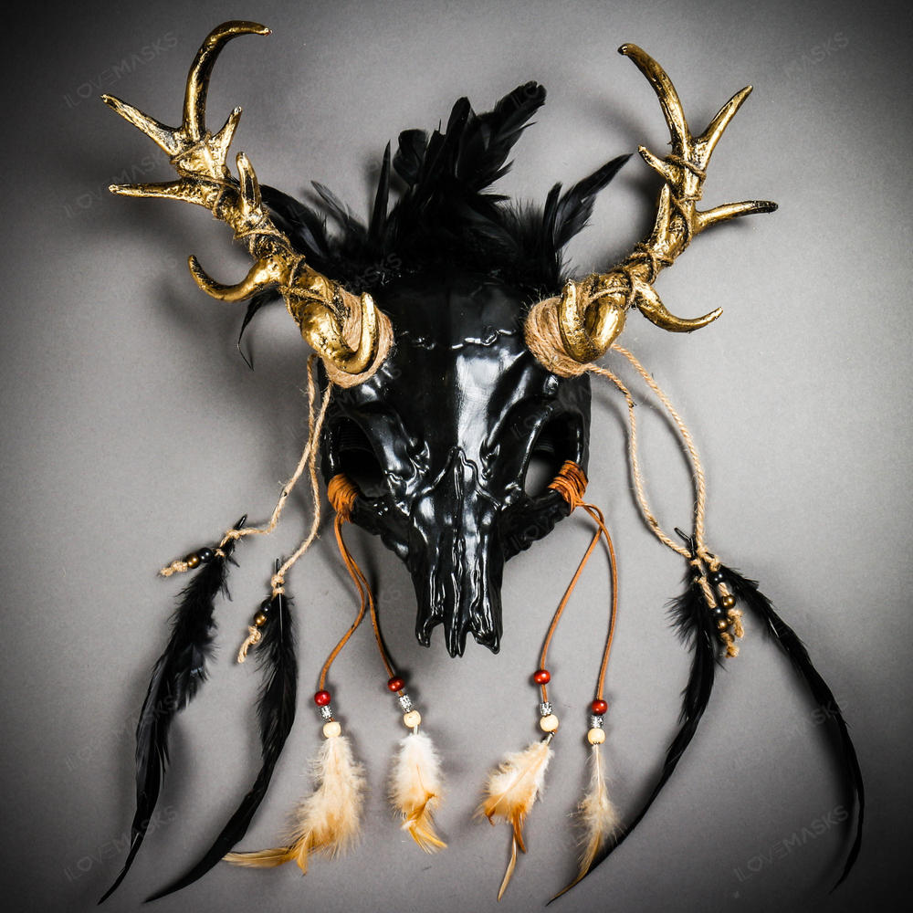 Antelope Devil Gold Deer Horn Skull Ghost Feather Masquerade Mask - Black